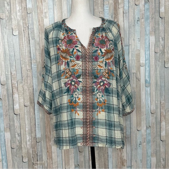 Johnny Was L Gauzy Teal Plaid Floral Embroidered Blouse Top Shirt Boho - Picture 3 of 11